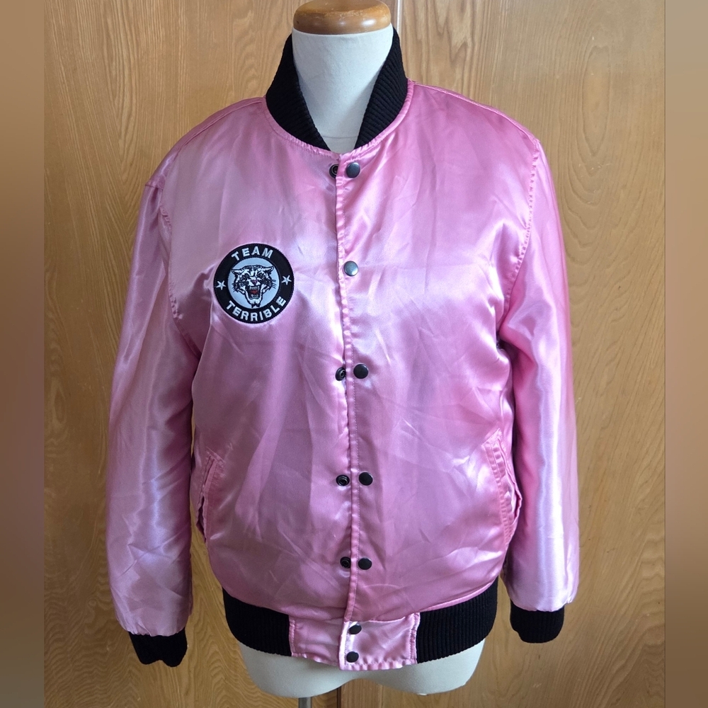"RARE"  Rare Pink TEAM TERRIBLE Varsity Bomber Jacket Size Small EX VTG COND.